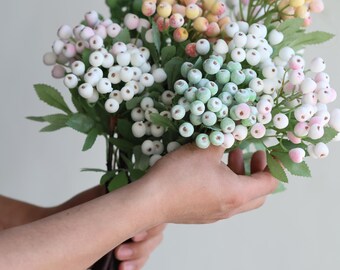 15" Faux Berry Branch: White, Pink & Green Decorative Stem