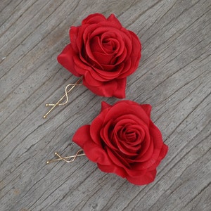 A Pair Wedding Flower Hair Clips-Real Touch Red Rose Hair Clip, Rose Hair Clips, Bridal Hair Flower, Flower Girls Hair Pin image 2