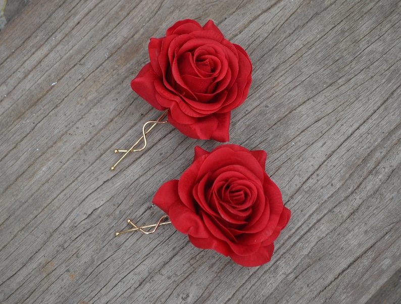 A Pair Wedding Flower Hair Clips-Real Touch Red Rose Hair Clip, Rose Hair Clips, Bridal Hair Flower, Flower Girls Hair Pin image 2
