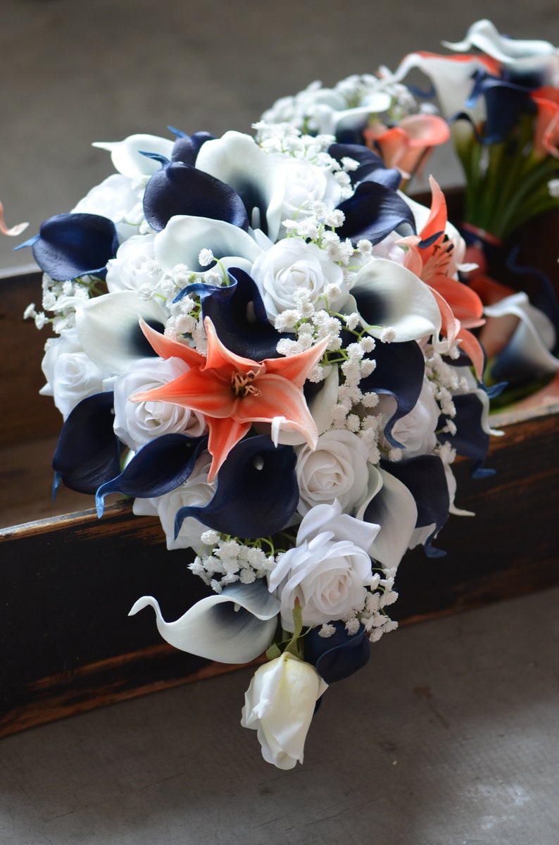Coral Navy Wedding Bridal Bouquets, Bridesmaids Bouquets, Boutonnieres, Real Touch Coral Navy Picasso Calla Lilies, White Roses, Tiger Lily image 6