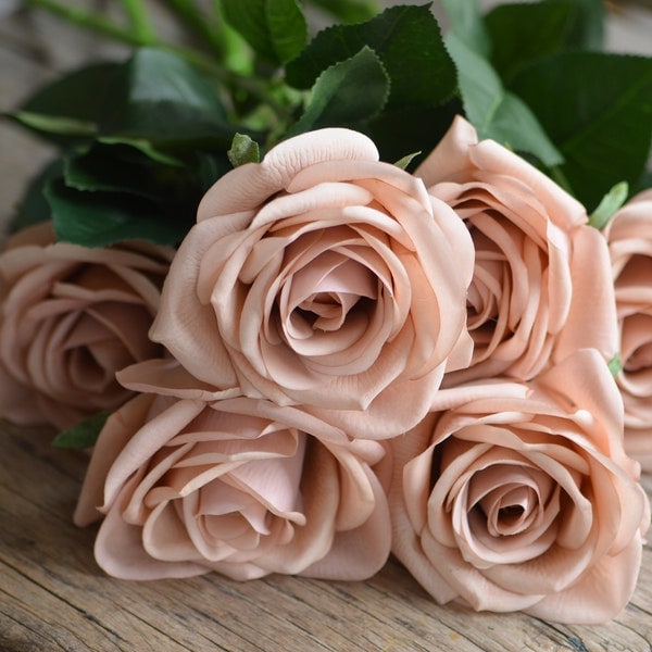 25" Dusty Pink Faux Real Touch Tan Beige Garden Roses, Artificial DIY Florals | Wedding/Home Decoration | Gifts, DIY Bouquets/Centerpieces