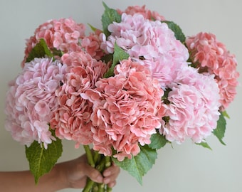 20" Real Touch Hydrangea Stem-Light Pink/Coral Pink , Luxry Realistic Artificial Flowers, DIY Wedding/Home/Kitchen Floral Arrangement| Gift