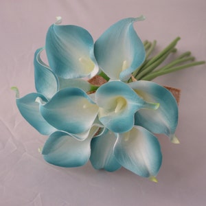 10 Picasso Oasis Teal Edge Calla Lilies Real Touch Flowers DIY Silk Wedding Bouquets, Centerpieces, Wedding Decorations image 5