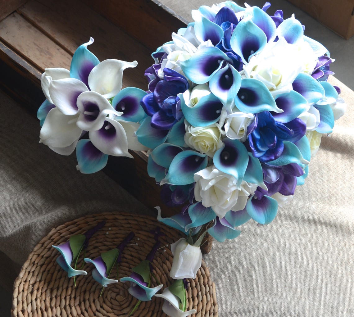 Blue Purple Cascade Bridal Bouquet Real Touch Flowers Calla - Etsy