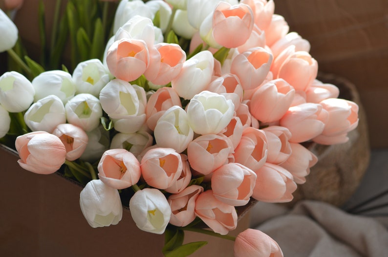 Peach White Tulips Real Touch Tulips Stems DIY Silk Bridal Etsy