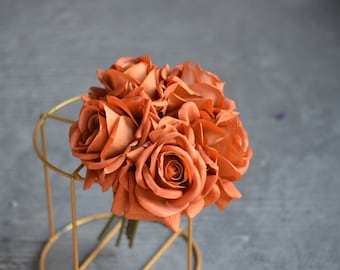 5 Heads Real Touch Rose Bundle, Burnt Orange/Terracotta, DIY Floral Supply | Wedding/Home/Kitchen Decoration | Gift, DIY Bouquet/Centerpiece