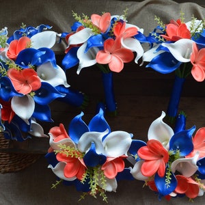 Royal Blue Coral Wedding Bouquets, Real Touch Callas Lilies, Coral Plumerias, Royal blue Bridal Bouquets, Coral Boutonnieres