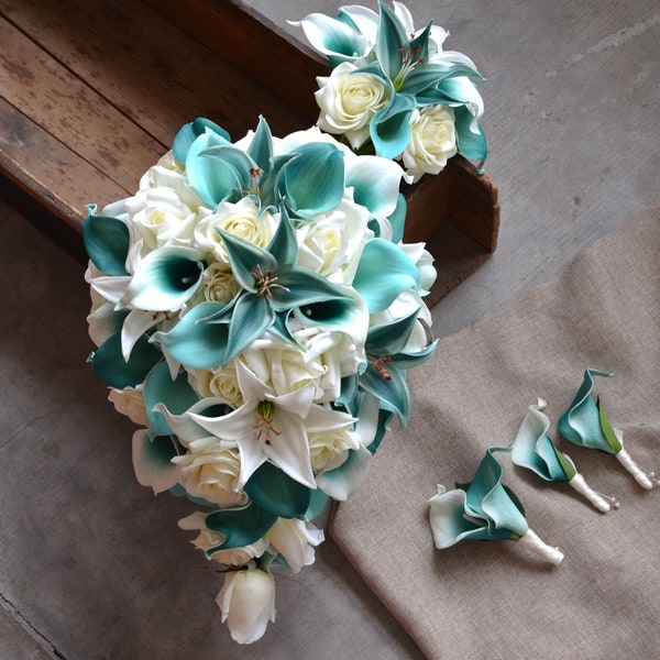 Teal Cascade Bridal Bouquet, Toss Bouquet, Real Touch Flowers Calla Lily Ivory Roses Tiger Lilies Boutonnieres