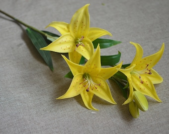 Yellow Tiger Lily Long Stems DIY Silk Wedding Bridal Bouquets Table Centerpieces DIY Flower Arrangement