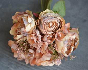 10 stems Dried Look Faux Flowers Bouquet, Orange Champagne Dried Look Roses, Peonies, Hydrangeas Bundle, Wedding Home Decors, DIY Florals