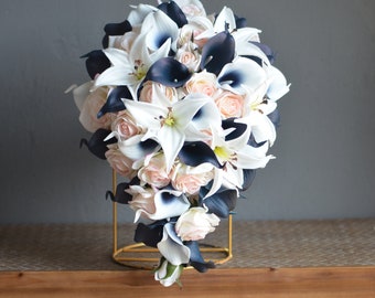 Blush Pink and Navy Wedding Bouquet, Real Touch Flowers, Bridesmaids Bouquets, Calla Lilies Boutonnieres, Navy Blush Bridal Bouquet