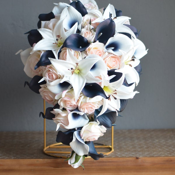 Blush Pink and Navy Wedding Bouquet, Real Touch Flowers, Bridesmaids Bouquets, Calla Lilies Boutonnieres, Navy Blush Bridal Bouquet