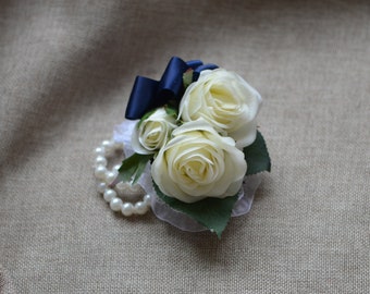 Ivory Rose Wrist Corsages Real Touch Small Roses Navy Ribbons -Choose Your Colors