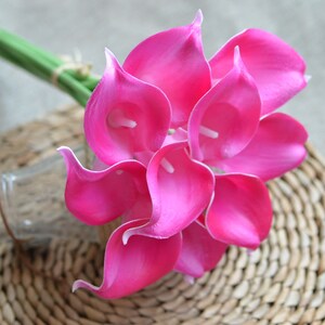 Puede incluir: Un ramo de vibrantes calas rosas con centros blancos. Las flores est&aacute;n agrupadas, con un tallo verde atado con hilo. El arreglo se coloca sobre un fondo neutro, lo que sugiere un entorno natural.