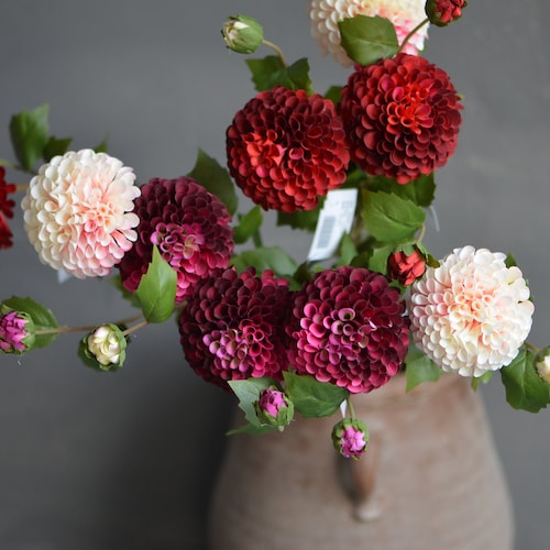 Tallo de dalia artificial rojo burdeos, colores degradados, ramo para armar