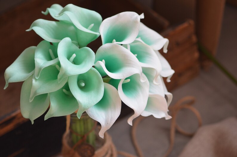 May include: A bouquet of artificial calla lilies in shades of white and light green. The flowers are arranged in a vase and are ready for a wedding or special event.