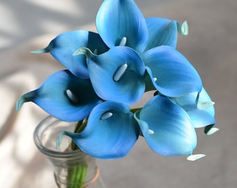 9 Dark Turquoise Blue Real Touch Calla Lilies, Wedding Bouquet Centerpieces