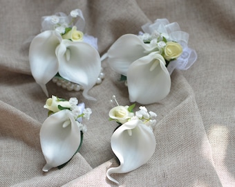 Ivory White Calla Lily Mother Corsages Dads Boutonnieres Wedding Corsages