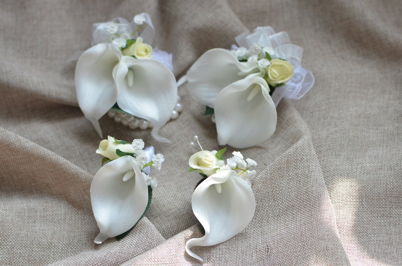 Ivory White Calla Lily Mother Corsages Dads Boutonnieres Wedding Corsages imagem 1