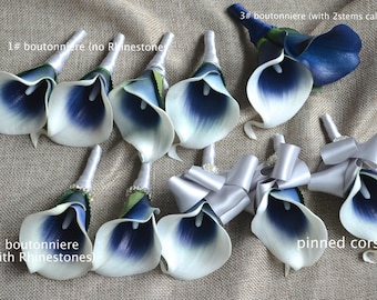 Navy Picasso Boutonnieres calla Lily Boutonnieres Real Touch Flowers Silk Wedding Flowers Package