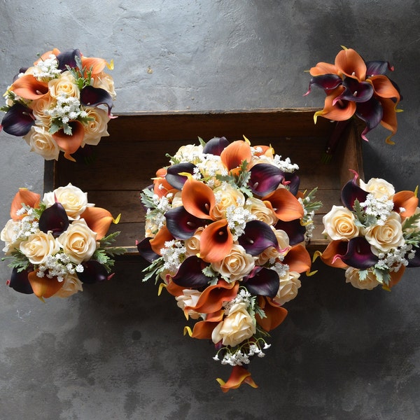 Ramos de boda Autuman Burgundy Orange, Ramos de novia de otoño, Ramos de damas de honor naranja amarillo, Boutonnieres amarillos burdeos