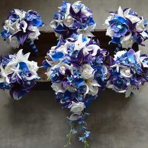 Beach Blue Purple Wedding Bouquet, Royal Blue Plum Bridal Bouquets, Real Touch Flowers, Roses, Calla Lilies, Orchids