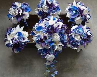 Beach Blue Purple Wedding Bouquet, Royal Blue Plum Bridal Bouquets, Real Touch Flowers, Roses, Calla Lilies, Orchids