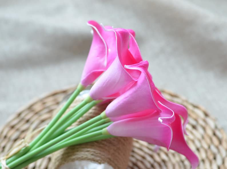 Puede incluir: Un ramo de vibrantes calas rosas con bordes blancos y tallos verdes. Las flores est&aacute;n dispuestas sobre una base de mimbre tejido, creando una exhibici&oacute;n natural y elegante. Los lirios son un acento brillante y llamativo.