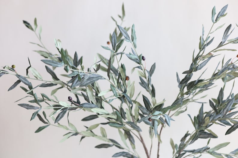 May include: A sprig of artificial olive branches with green leaves and small dark purple olives.