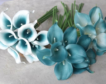 10 Picasso Oasis Teal Edge Calla Lilies Real Touch Flowers DIY Silk Wedding Bouquets, Centerpieces, Wedding Decorations