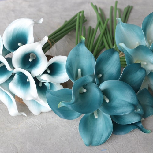 10 Oasis Teal Picasso Calla Lilies Real Touch Bridal Bouquet Faux Flower Wedding 