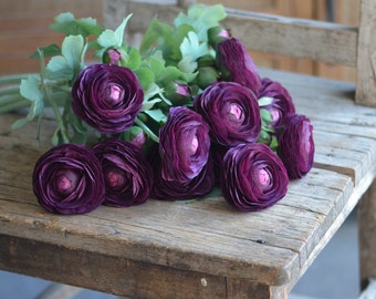 19" Dark Purple Fake Ranunculus, Real Touch Artificial Flowers, Plum/Eggplant, Handmade Home Decor, Make Florals Arrangement Bouquet