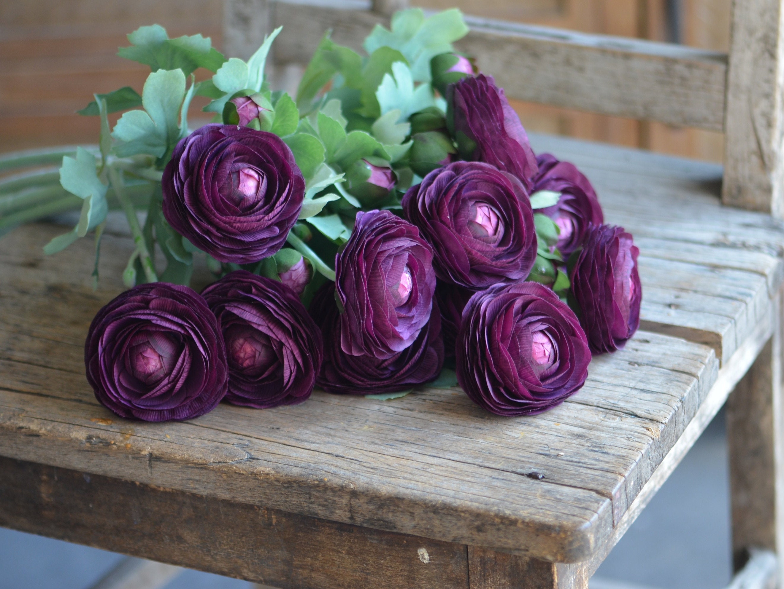 19 Dark Purple Fake Ranunculus, Real Touch Artificial Flowers,  Plum/eggplant, Handmade Home Decor, Make Florals Arrangement Bouquet 