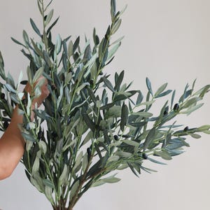 May include: A bunch of artificial olive branches with green leaves and small black olives. The branches are held together by a hand.