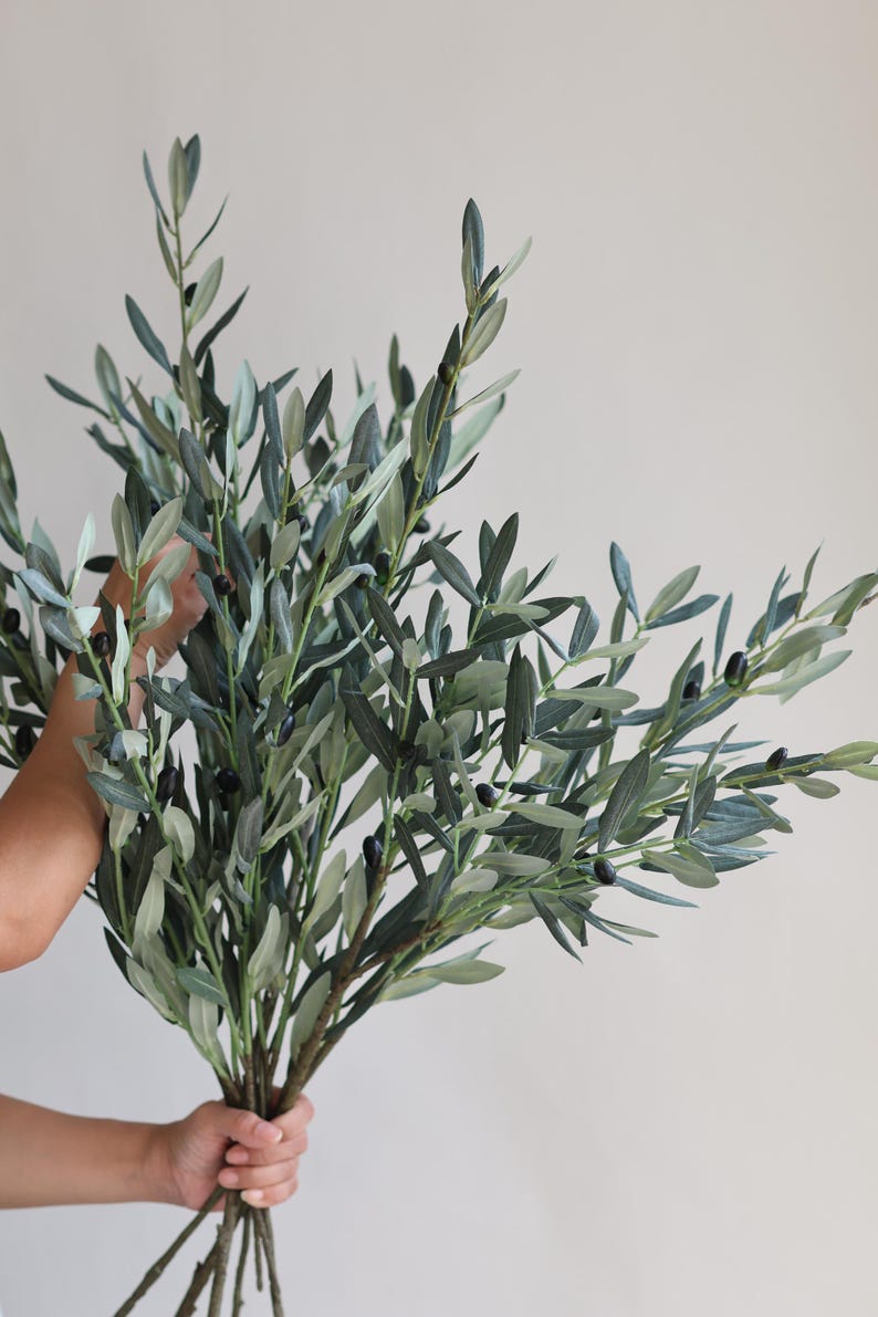 May include: A bunch of artificial olive branches with green leaves and small black olives. The branches are held together by a hand.