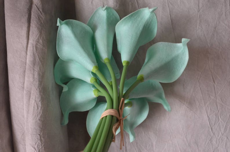 May include: A bouquet of light blue calla lilies with green stems tied together with twine.