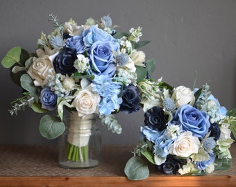 Ivory Blue Hydrangeas Roses Wedding Bouquets, Dusty Blue Bridesmaids Bouquets, Navy Boutonnieres, Real Touch Flowers, Fake Flowers