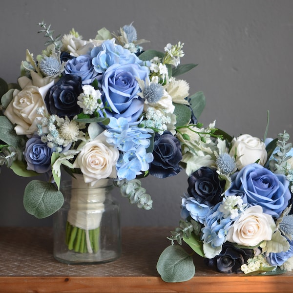 Ivory Blue Hydrangeas Roses Wedding Bouquets, Dusty Blue Bridesmaids Bouquets, Navy Boutonnieres, Real Touch Flowers, Fake Flowers