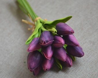 Purple Tulips Real Touch Flowers Mini tulips DIY Wedding Flowers- 12 Stems