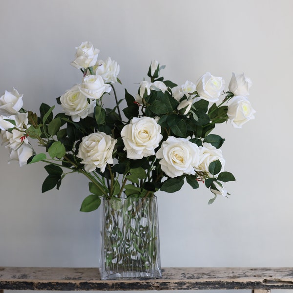 Roses artificielles au toucher réel, fausses roses de jardin blanc crème, fleurs DIY | Décoration de mariage/maison | Cadeaux, fournitures de bouquets DIY/centres de table