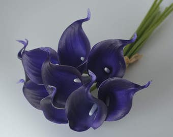 Dark Royal Purple Calla Lilies Real Touch Flowers DIY Silk Wedding Bridal Bouquets, Centerpieces