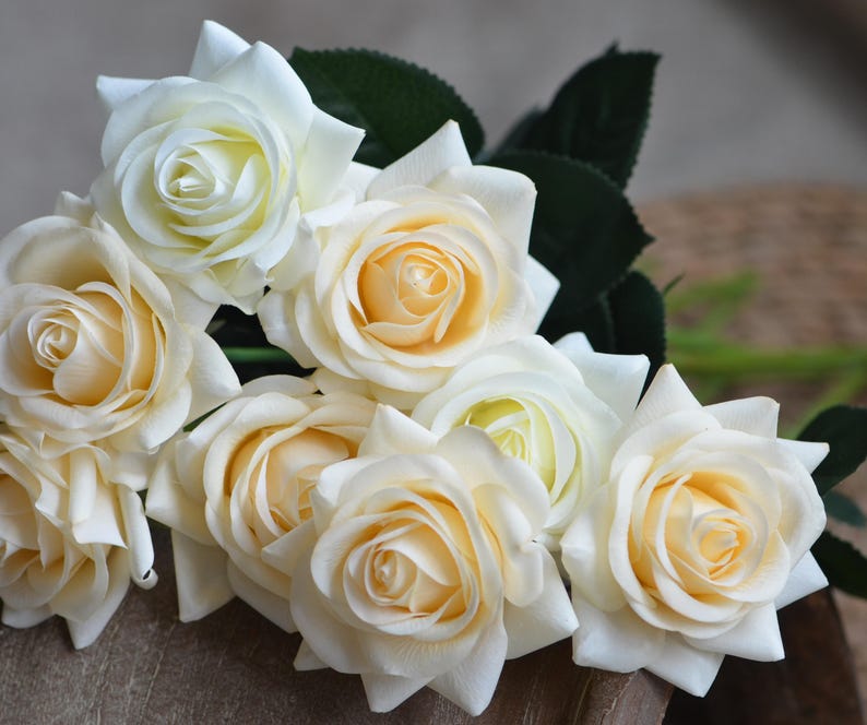 May include: A bouquet of cream-colored artificial roses with green leaves. The roses are arranged in a cluster, with the petals overlapping.