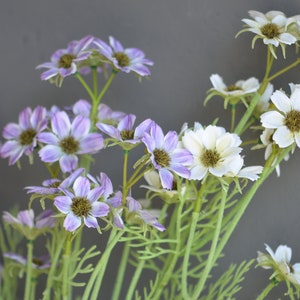 以下が含まれることがあります： 白と紫の花が咲いた造花の花束。花は、複数の花びらを持つデイジーのような形をしています。