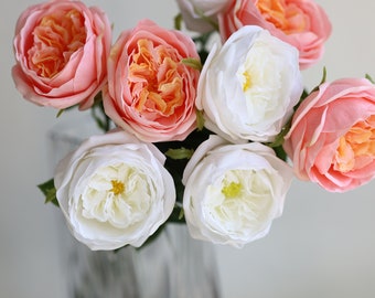 18.9” Faux Real Touch English Cabbage Roses-White/Coral Peach, Realistic Fake Flowers, DIY Florals |Wedding/Home/Kitchen Decorations | Gifts