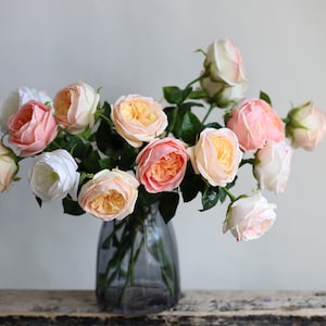 18.9” Faux Real Touch English Cabbage Roses-White/Champagne/Pink, Realistic Fake Flowers, DIY Florals |Wedding/Home/Kitchen Decorations