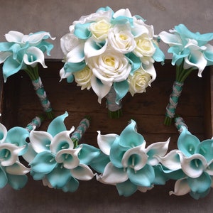 Turquoise Bridal Bouquets, Spa White Wedding Bouquet, Real Touch Flowers Calla Lily, Spa Blue Ivory Bridal Bouquet