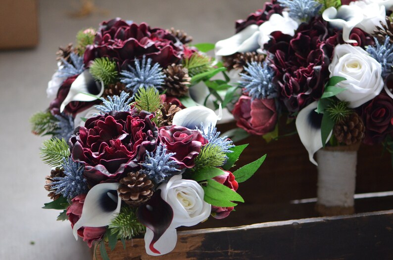 Burgundy Roses Winter Bridal Bouquets Green Real Touch Peonies Burgundy Navy Wedding Bouquet Pine Cones Bouquets Weddings Valresa Com