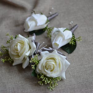 Ivory Rose Boutonnieres Real Touch Roses Corsages Grey Ribbons Mother Father Flowers Prom Corsage image 3