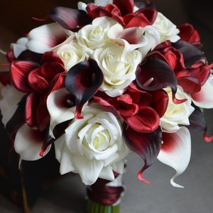 Dunkelroter Brautstrauß Echte Calla Lilien Rosen Orchideen Seide Hochzeit Bouquets