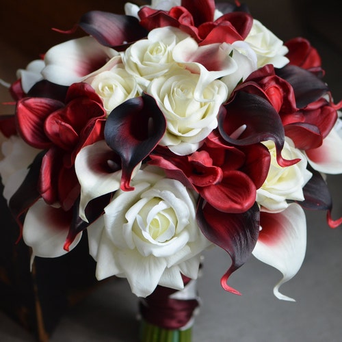 Cascade Bridal bouquet:Apple Red Black White.Silk rose real touch calla lily 